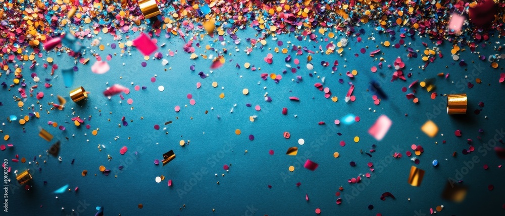 Confetti rains on a blue backdrop Confetti rains on a blue backdrop