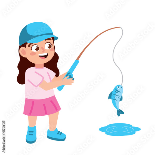 girl fishing fish with rod