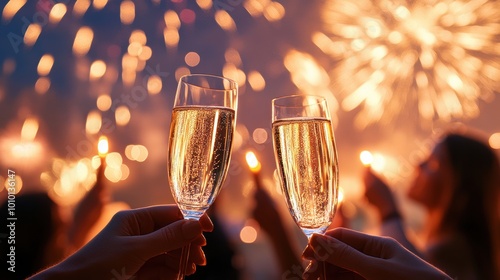 Two people holding champagne glasses, New Year's Eve celebration event, with fireworks in the background