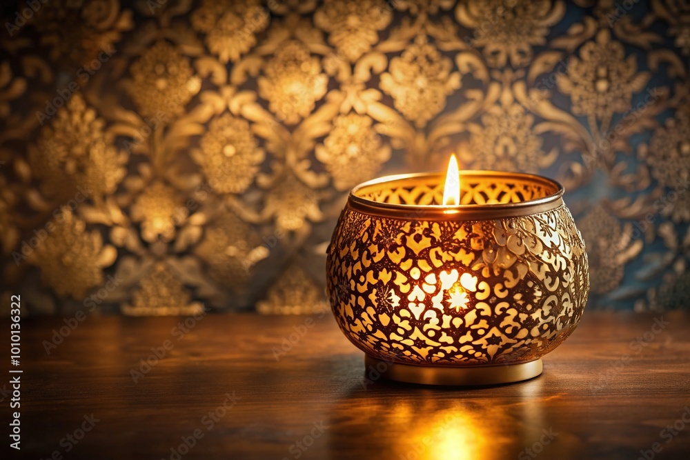 Elegant golden candle holder glows with soft, warm light, surrounded by dark, subtle patterned background, evoking peaceful ambiance and luxurious tranquility. Elegant golden candle holder glows with soft, warm light, surrounded by dark, subtle patterned background, evoking peaceful ambiance and luxurious tranquility.