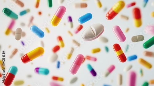 Multi-colored pills and capsules of drugs flying in all directions