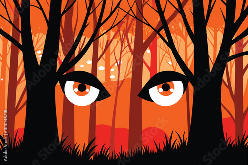 Glowing red eyes peering from behind black tree silhouettes in an orange forest.