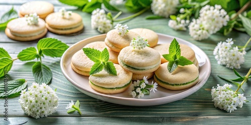 Delicate white flowers surround a plate of freshly baked mint mascarpone cookies, evoking a serene atmosphere and perfect harmony between nature and sweet treats.