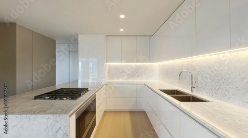 Minimalist kitchen with white cabinets and marble countertops