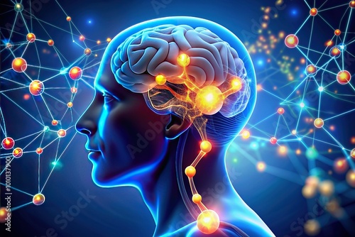 Illustration of the human brain with a dopamine molecule highlighting the neurotransmitter's role in motivation and reward, impacted in Parkinson's disease and neurological disorders.