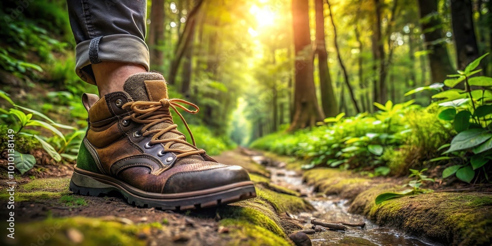 SOLE SEARCHING: A hiker's worn shoes with laces undone, stepping onto a forest trail, surrounded by foliage, conveying a sense of adventure and freedom. SOLE SEARCHING: A hiker's worn shoes with laces undone, stepping onto a forest trail, surrounded by foliage, conveying a sense of adventure and freedom.
