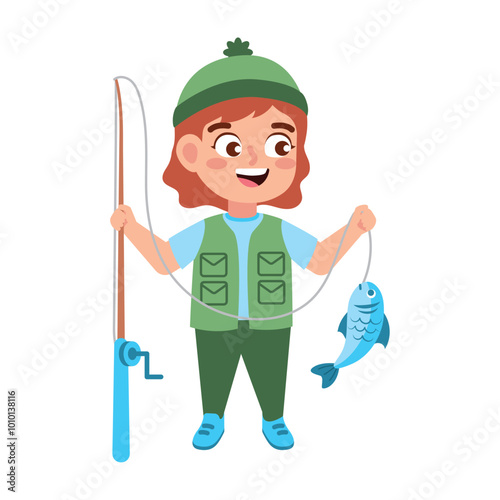 girl with fishing rod and fish