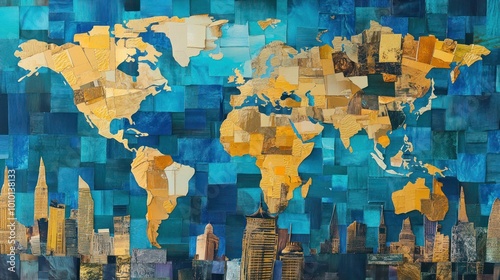 A colorful world map collage with golden continents over a blue background and city skyline.