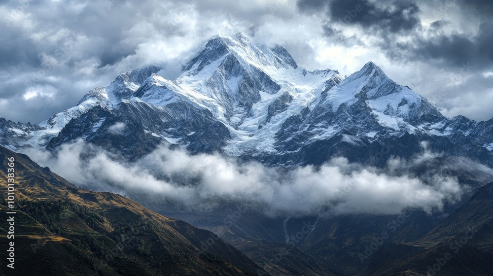 Obraz premium Majestic Snow-Capped Mountain Under Dramatic Sky