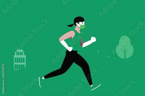 A person wearing a mask while jogging, symbolizing the new normal during a pandemic.