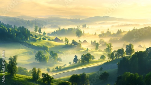 Misty Morning Landscape with Rolling Hills and Houses