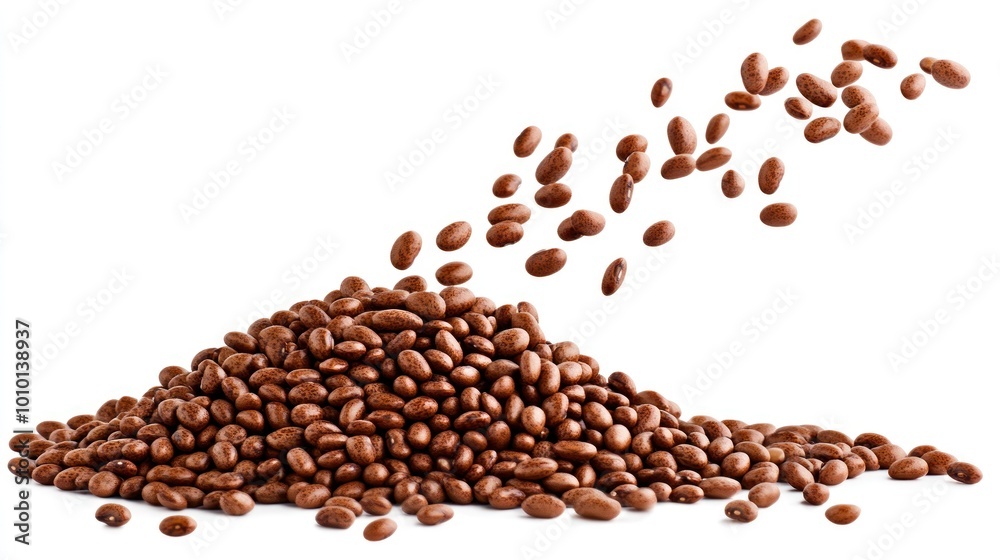 A heap of brown coffee beans with some beans scattered above. A heap of brown coffee beans with some beans scattered above.