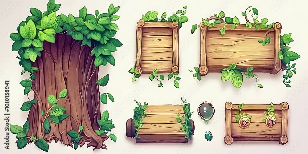 Naklejka premium Wooden Sign with Vines and Leaves, Game UI Design Element