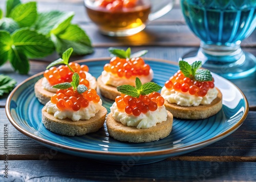 Elegant blue plate presents rich canapés featuring red caviar, soft cream cheese, and fresh mint, perfect for pairing with wine or vodka.