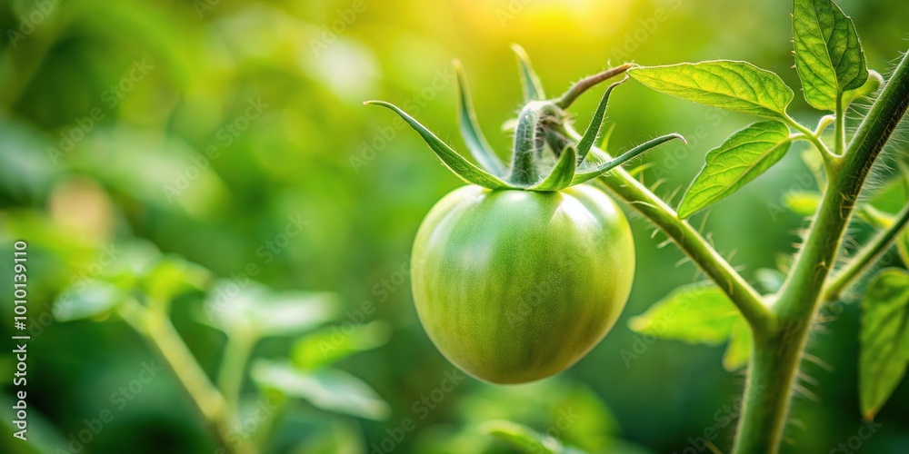Freshly grown green tomato ripening on the vine, surrounded by small delicate leaves and subtle stem, all set against a soft, blurred background. Freshly grown green tomato ripening on the vine, surrounded by small delicate leaves and subtle stem, all set against a soft, blurred background.