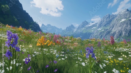 Vibrant Wildflower Meadow with Majestic Mountains