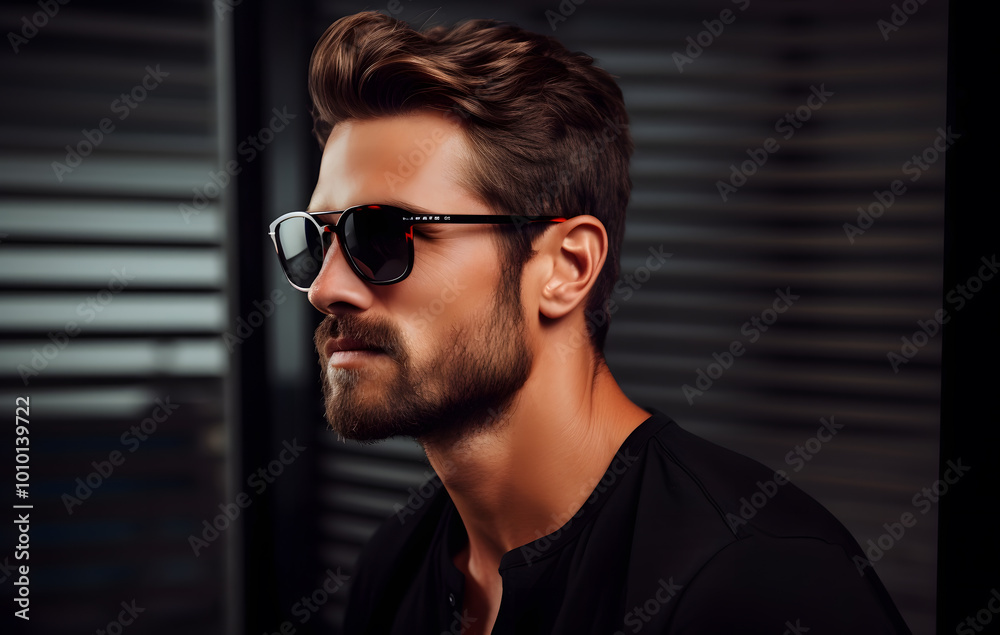 Handsome young man wearing sunglasses shows off his modern style with a serious expression. Handsome young man wearing sunglasses shows off his modern style with a serious expression.