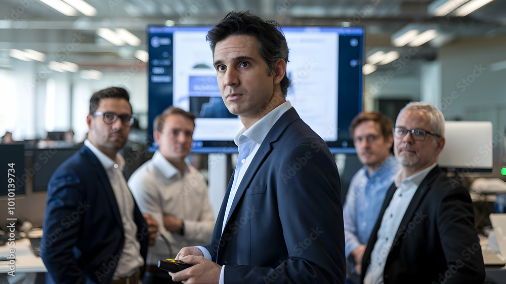 The team leader of the businessmen team explains to the team members in a meeting. The four team members listen with seriousness of collaboration. The team leader of the businessmen team explains to the team members in a meeting. The four team members listen with seriousness of collaboration.