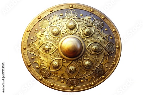 A gleaming golden metallic round shield with intricate embossed details stands proudly isolated on a clean white background, evoking medieval chivalry and heroic protection.