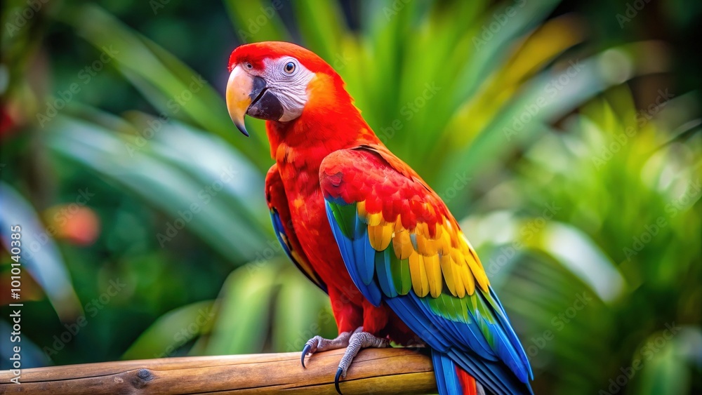 Vibrant scarlet macaw perches on a wooden dowel, showcasing its stunning bright plumage, strong beak, and gentle eyes, embodying a loyal and loving companion. Vibrant scarlet macaw perches on a wooden dowel, showcasing its stunning bright plumage, strong beak, and gentle eyes, embodying a loyal and loving companion.