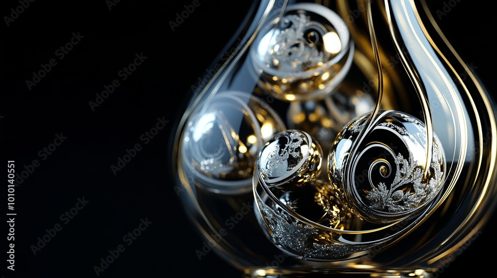 Merry Christmas and Happy New Year background. Realistic 3D design. Abstract Christmas glass transparent decorative white balls with swirling gold patterns. New Year's holiday objects. Merry Christmas and Happy New Year background. Realistic 3D design. Abstract Christmas glass transparent decorative white balls with swirling gold patterns. New Year's holiday objects.