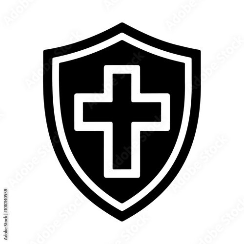 Black silhouette shield with cross protection vector icon illustration design