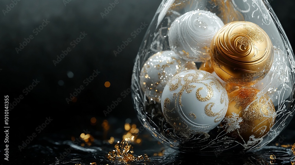 Merry Christmas and Happy New Year background. Realistic 3D design. Abstract Christmas glass transparent decorative white balls with swirling gold patterns. New Year's holiday objects. Merry Christmas and Happy New Year background. Realistic 3D design. Abstract Christmas glass transparent decorative white balls with swirling gold patterns. New Year's holiday objects.