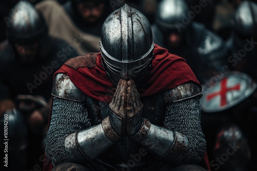 A knight in full armor is kneeling down and praying, generative ai image photo