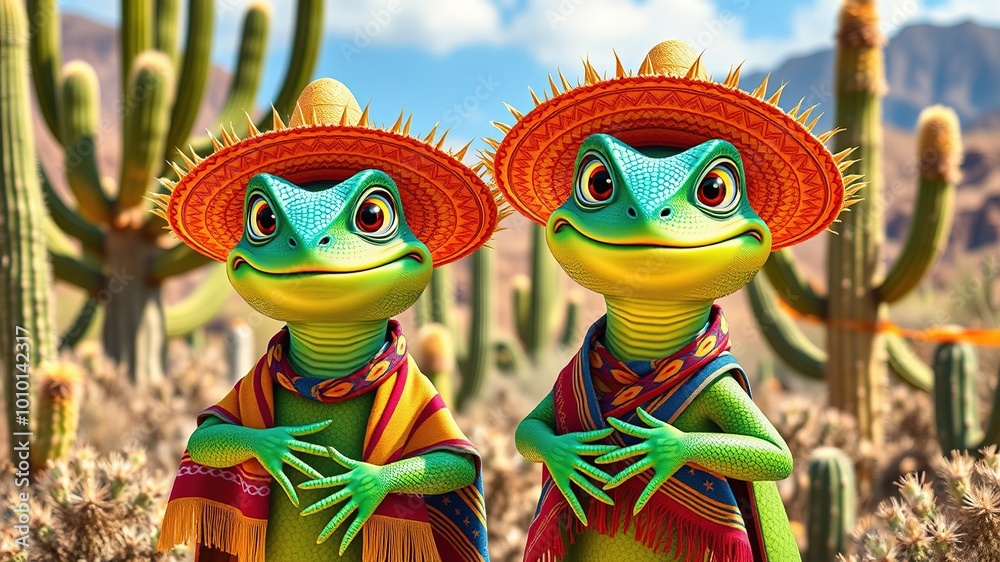 A duo of cartoon Mexican iguana lizard characters, vibrant green and blue, with smiling faces, wearing sombreros and serape blankets, standing against a lush cactus-filled desert landscape. A duo of cartoon Mexican iguana lizard characters, vibrant green and blue, with smiling faces, wearing sombreros and serape blankets, standing against a lush cactus-filled desert landscape.