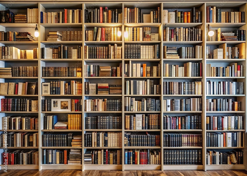 A densely packed bookshelf displays a vast collection of popular fiction novels with black and white spines, creating a striking visual contrast in a cozy bookshop setting. A densely packed bookshelf displays a vast collection of popular fiction novels with black and white spines, creating a striking visual contrast in a cozy bookshop setting.