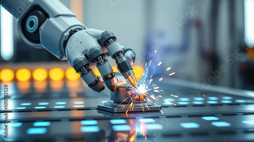 A robotic hand with articulated fingers grasping a welding torch precision-welds a metal component in a controlled environment