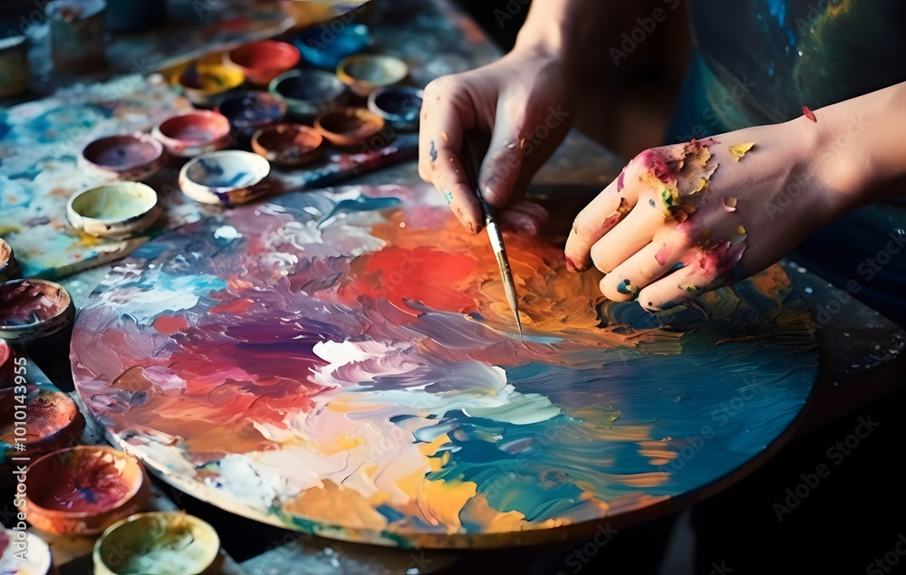 Obraz premium An artist is mixing colors for a painting, using a colorful palette.