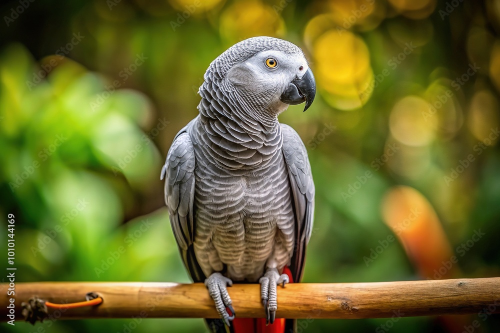 Obraz premium A solemn African Grey Parrot perches on a wooden rod, lost in thought, its piercing eyes gazing into the distance with an air of quiet contemplation.