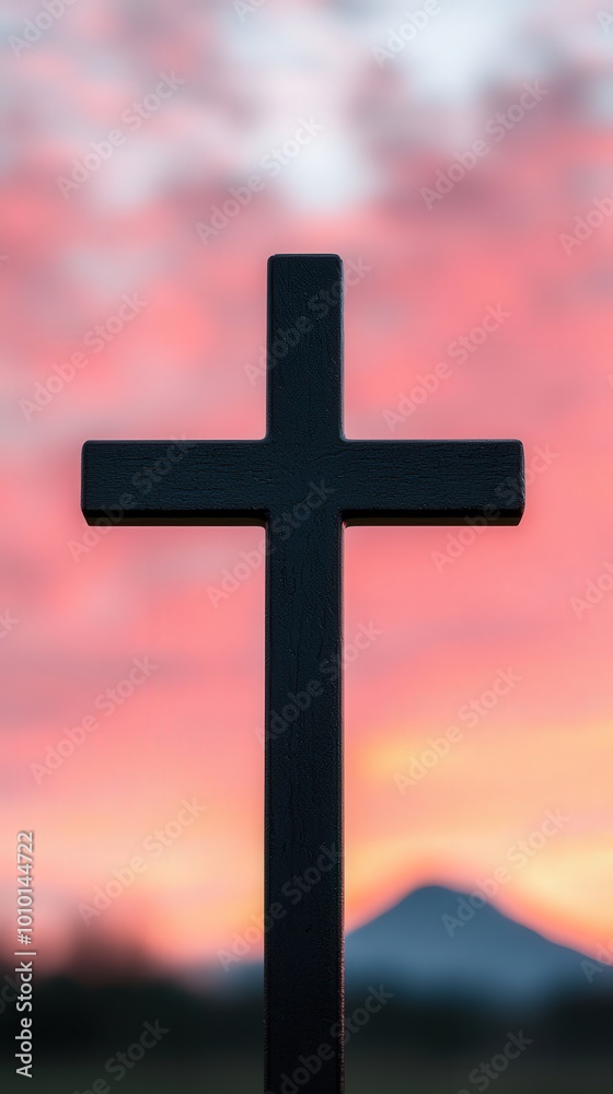 Christian Cross Silhouette Against Sunset Sky with Mountain Background Christian Cross Silhouette Against Sunset Sky with Mountain Background
