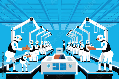 Futuristic robots working in a blue factory.