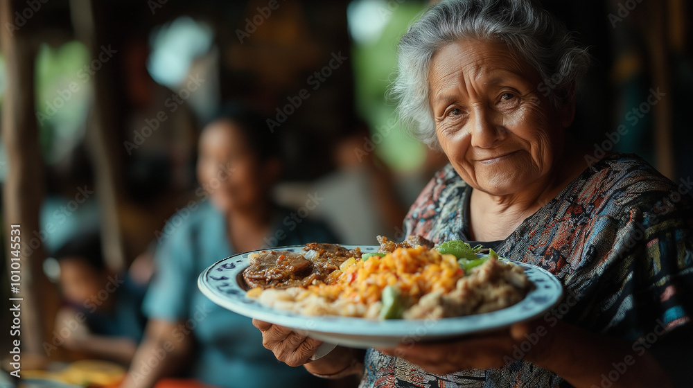 Close-Up of a Grandmother Serving Traditional Latin American Dishes at a Family Dinner in a Village, Focusing on Her Expression of Love and Care Close-Up of a Grandmother Serving Traditional Latin American Dishes at a Family Dinner in a Village, Focusing on Her Expression of Love and Care