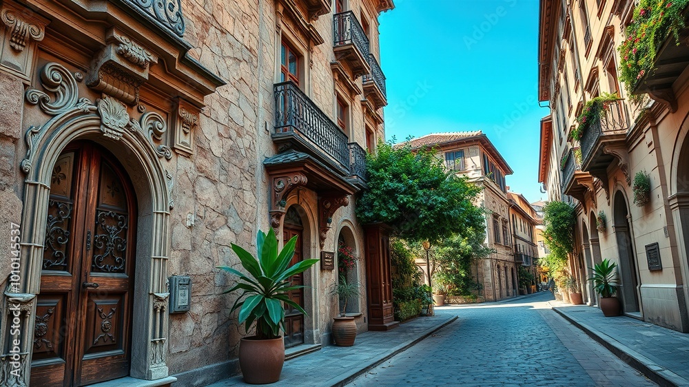 Fototapeta premium A worn, ornate facade with crumbling stone, weathered wood, and intricate carvings dominates the scene, surrounded by a tranquil, cobblestone street lined with lush greenery and historic architecture.