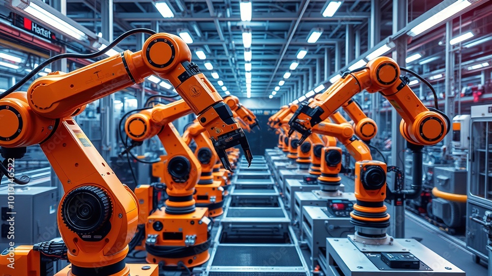 High-tech robotic arms in fully automated digital factory setting, precision-engineered for Industry 4.0 production, High-tech robotic arms in fully automated digital factory setting, precision-engineered for Industry 4.0 production,