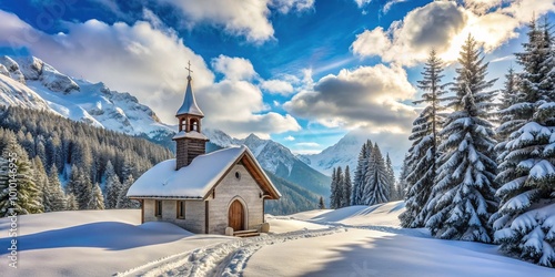 Quaint snow-covered chapel nestled in winter wonderland village, surrounded by pine trees, meadows, and blue skies with fluffy clouds, in the Swiss Alps. photo