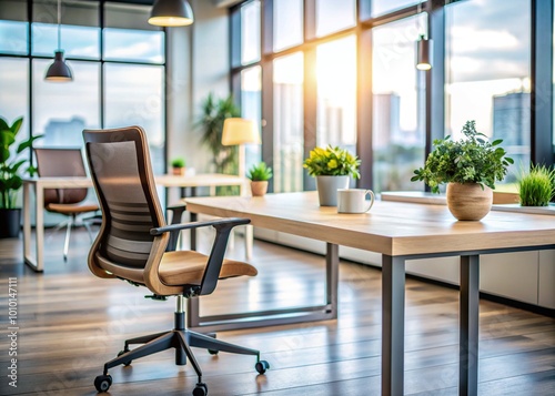 Selective focus on sleek desk and chair, blurred background of contemporary office space with minimalist decor and plenty of natural light filtering in. photo