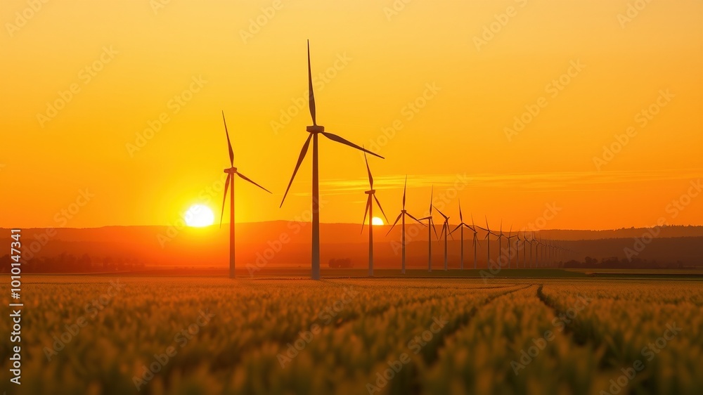 Obraz premium Silhouette of wind turbines stands majestically in a lush green field, with soft golden sun sinking below the horizon, creating a captivating background with subtle motion blur and ample copy space.