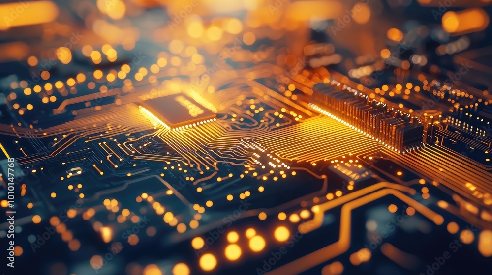 Obraz premium Close-up of a Glowing Circuit Board with a Processor Chip