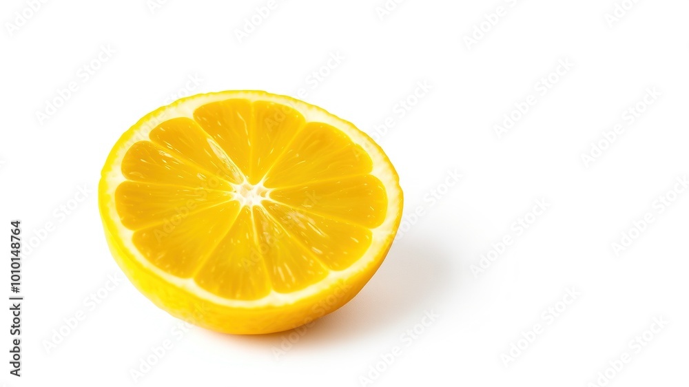 Vibrant yellow lemon slice sits on a crisp white background, its intricate texture and subtle rustic edges adding depth to the bright, citrusy hue. Vibrant yellow lemon slice sits on a crisp white background, its intricate texture and subtle rustic edges adding depth to the bright, citrusy hue.