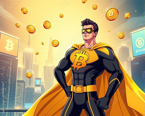 Cartoon anime illustration of man superhero bitcoin logo photo