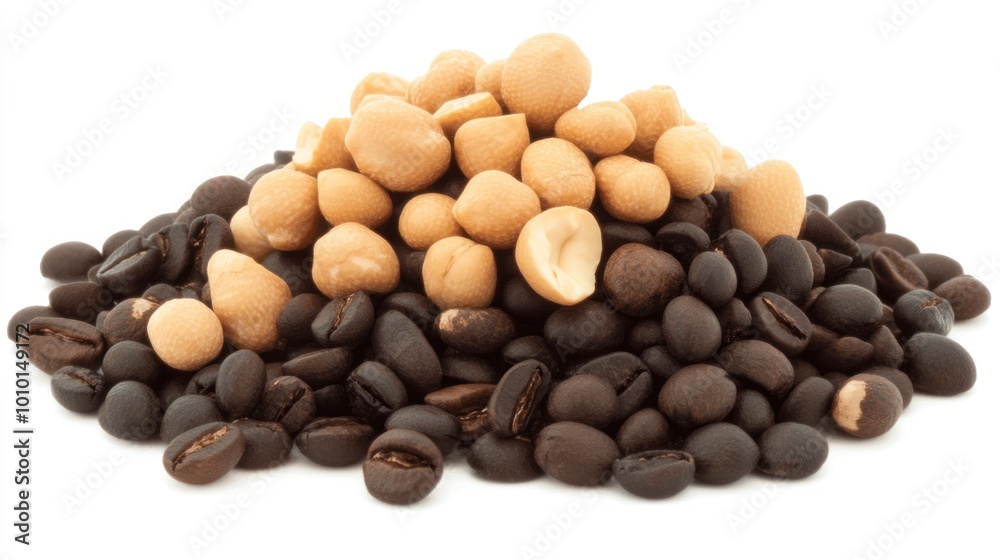 A pile of various coffee beans and nuts arranged for display or culinary use. A pile of various coffee beans and nuts arranged for display or culinary use.