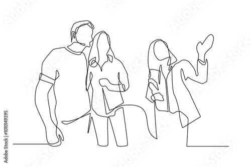 continuous line of marketing women. single line of marketing woman communicating guiding potential buyers. husband and wife communicate with marketing one line drawing