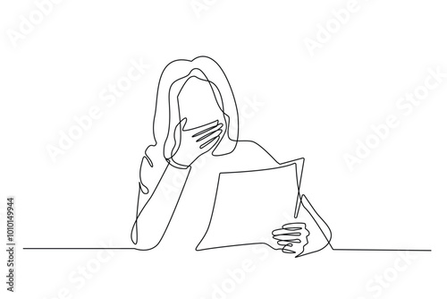 continuous line of shocked woman reading a piece of paper.single vector line of woman with shocked expression.one line drawing vector illustration. isolated on white background