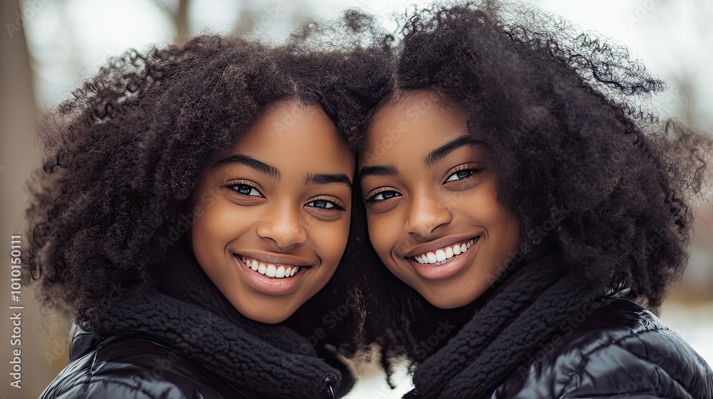 Two Smiling Sisters with Curly Hair Outdoors Two Smiling Sisters with Curly Hair Outdoors