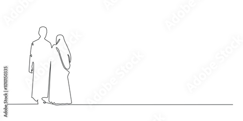 continuous line silhouette of a Muslim man and woman.one line drawing of a romantic couple silhouette.Minimalist single line vector of a Muslim couple