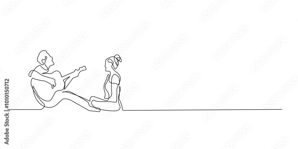 continuous line of man and woman playing guitar.single line of romantic couple.man playing guitar outdoors with lover in one line vector drawing continuous line of man and woman playing guitar.single line of romantic couple.man playing guitar outdoors with lover in one line vector drawing